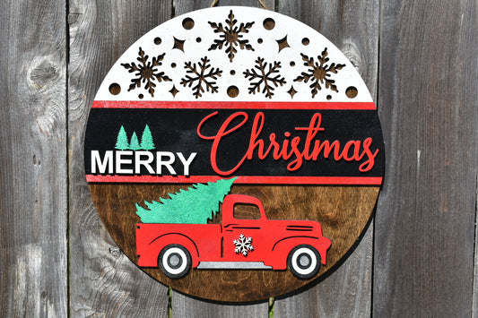 Merry Christmas with red truck and tree door sign