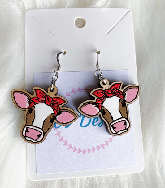 Hand painted cow with red bandana earrings