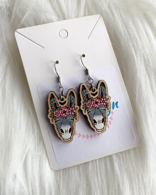 Hand painted donkey with flower crown earrings