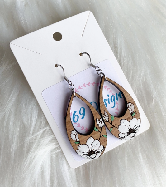 Wooden hand painted Magnolia earrings