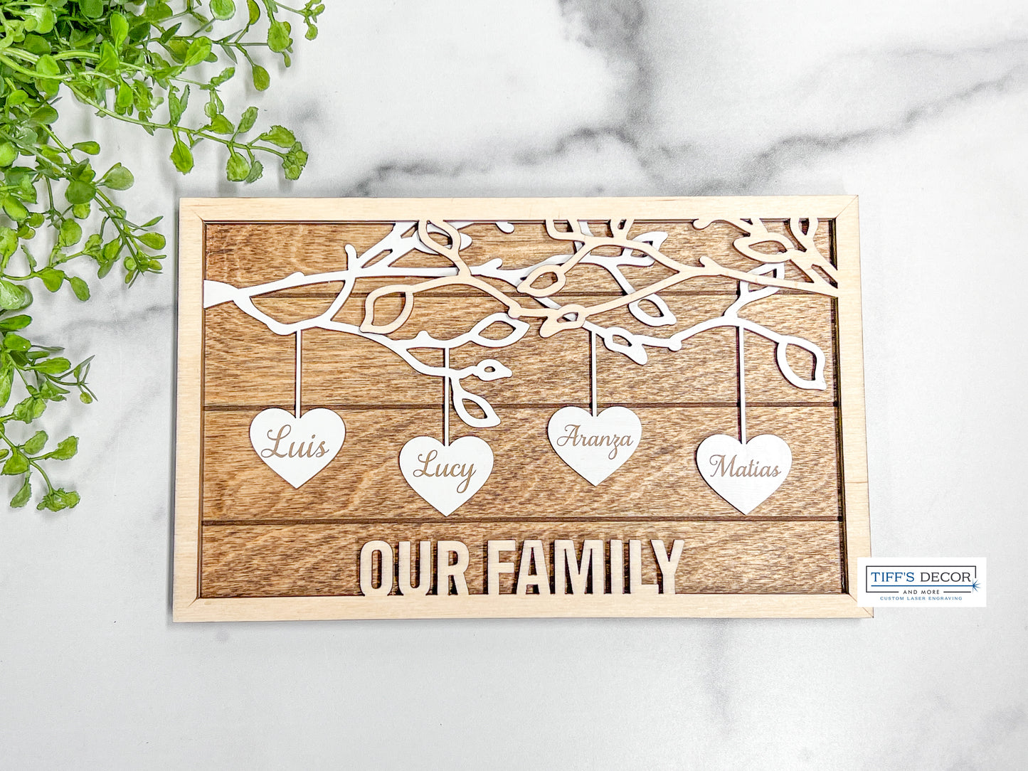 Family tree with hanging hearts