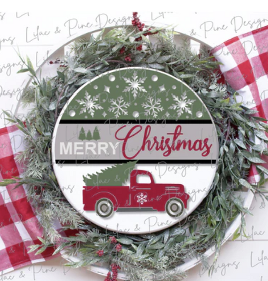 Merry Christmas with red truck and tree door sign